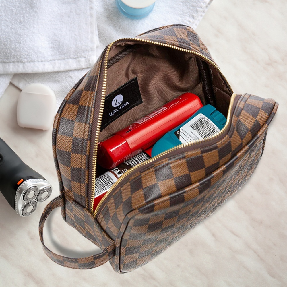 Luxouria Leather Checkered Makeup Bag (Brown) - Picture 6 of 6